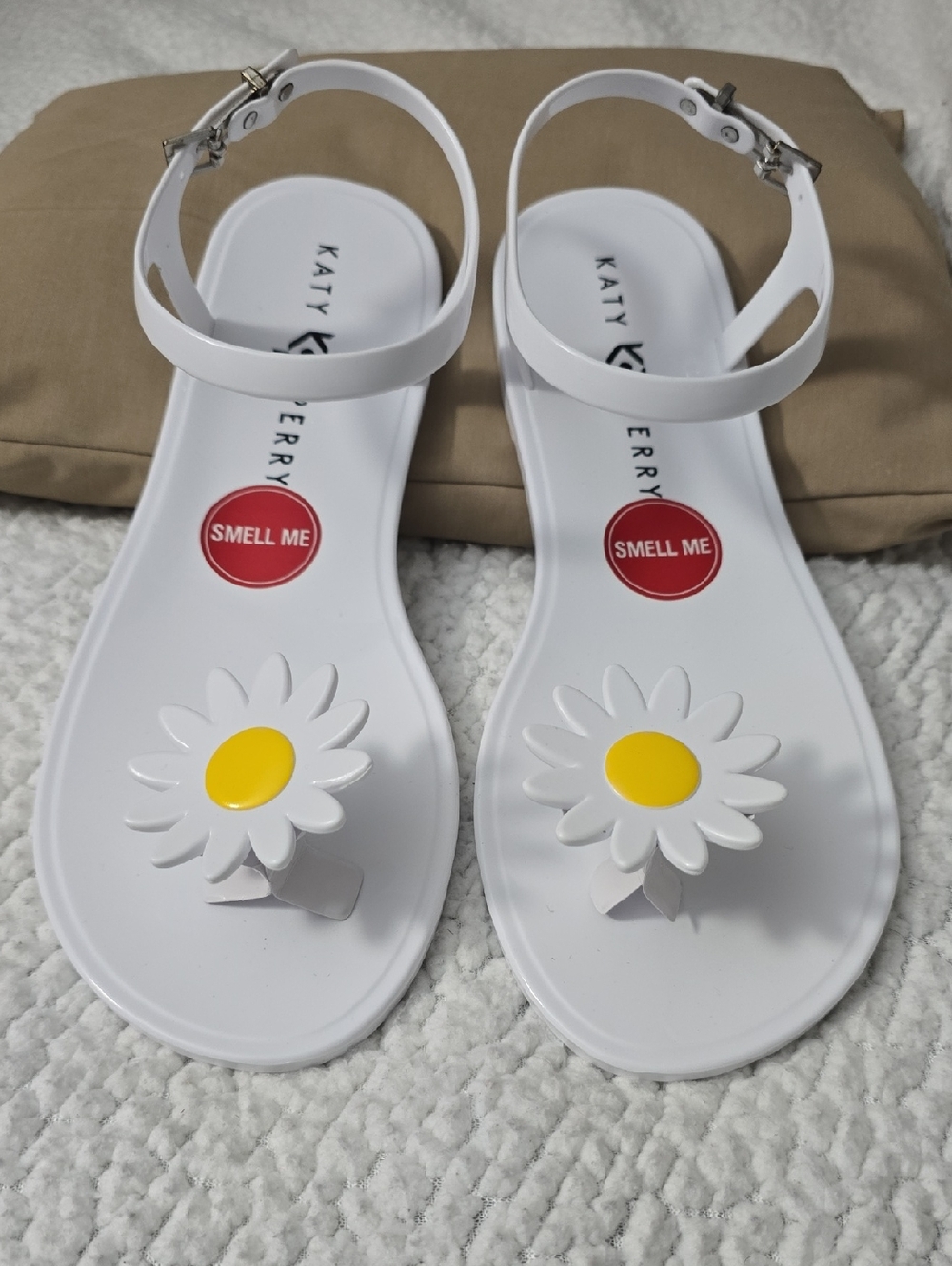 Katy Perry Collections White Sandals with Yellow Daisy Accent